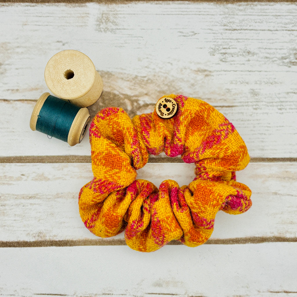 Yellow, Orange & Pink Tartan Harris Tweed Hair Scrunchie