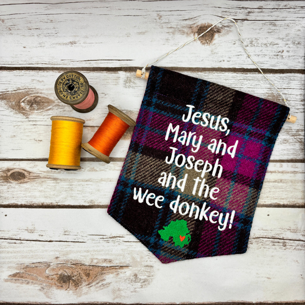 Jesus, Mary & Joseph and the wee donkey!- Pennant Wall Hanging
