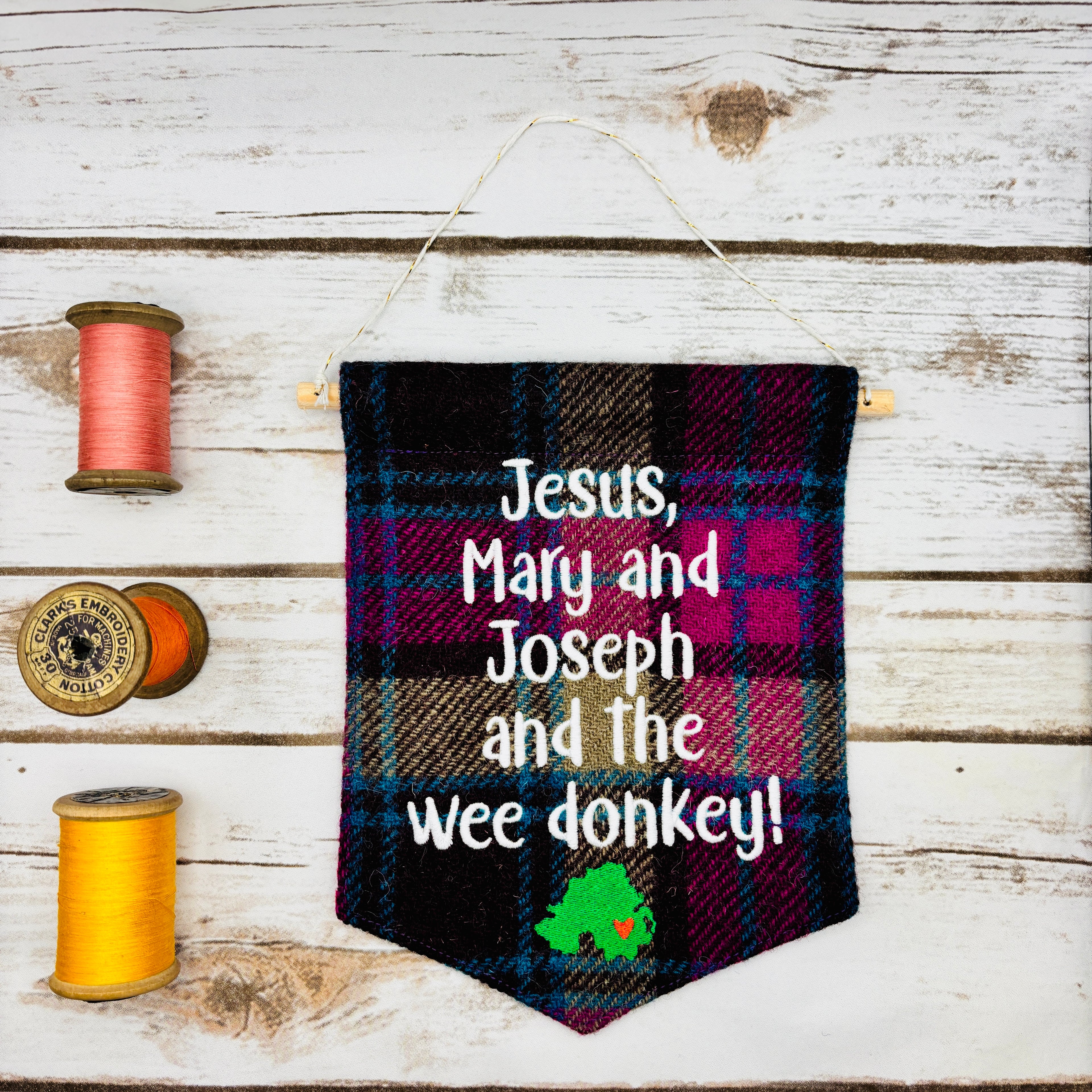 Jesus, Mary & Joseph and the wee donkey!- Pennant Wall Hanging