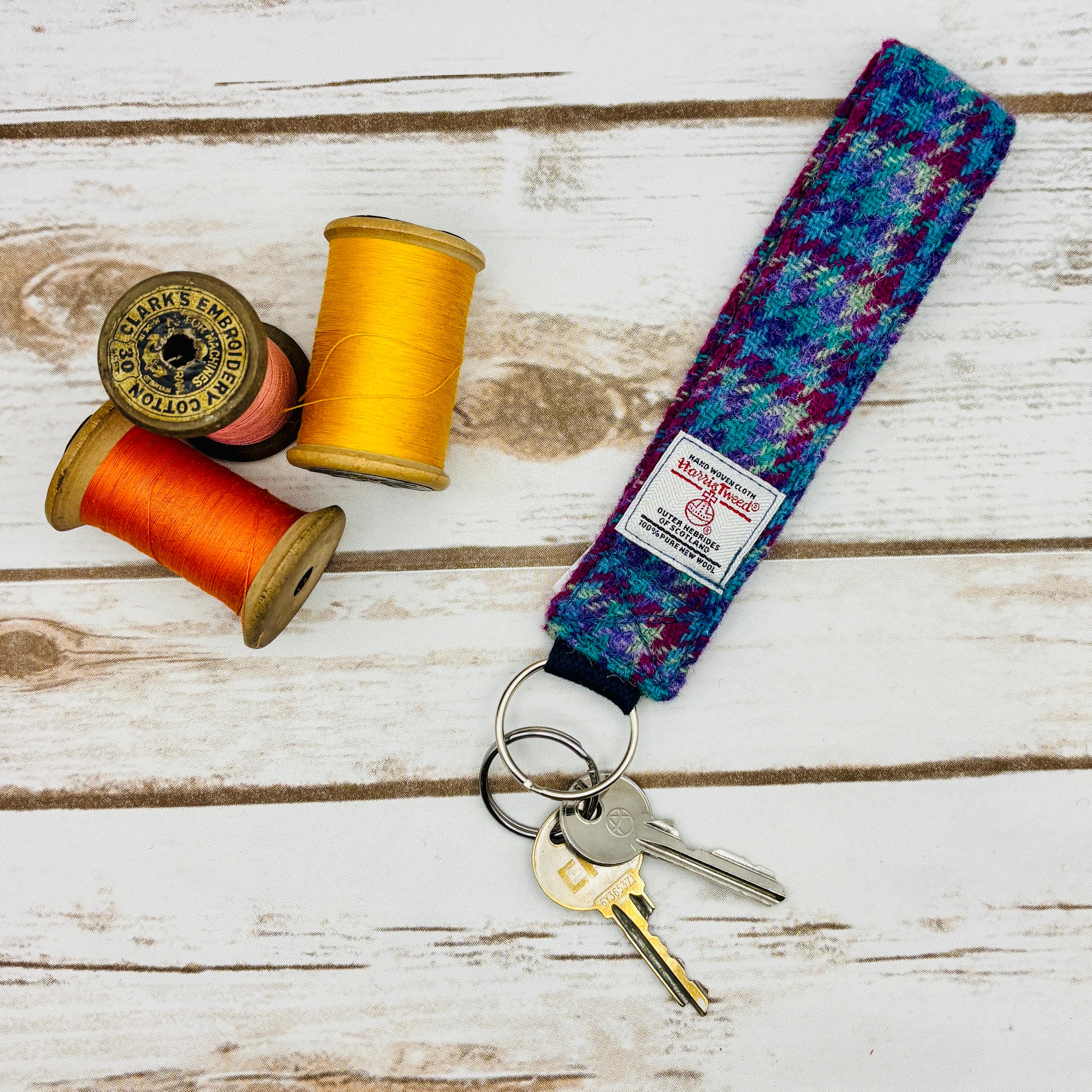 Blue, Pink & Purple Check Harris Tweed Wrist Keyring