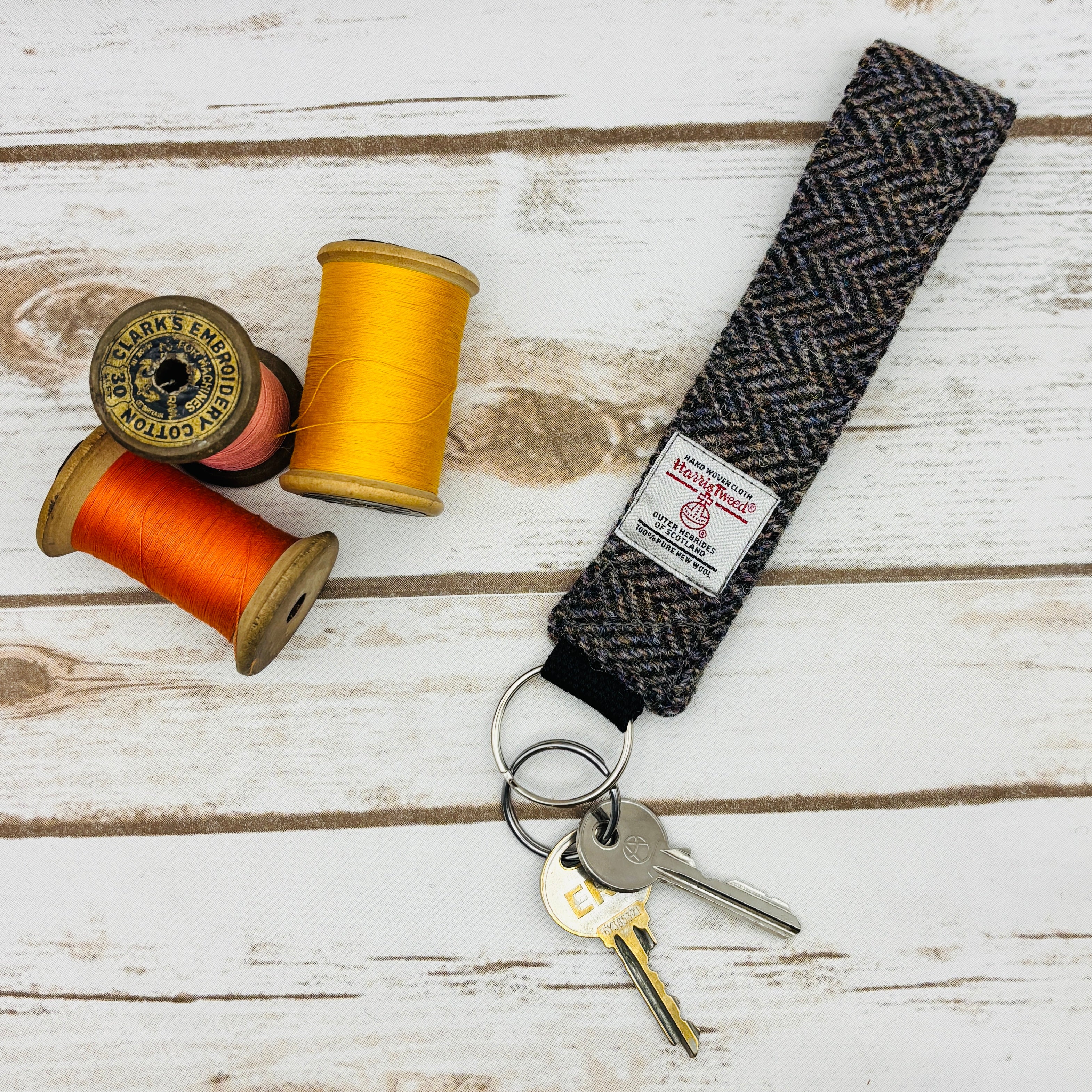 Grey Herringbone Harris Tweed Wrist Keyring