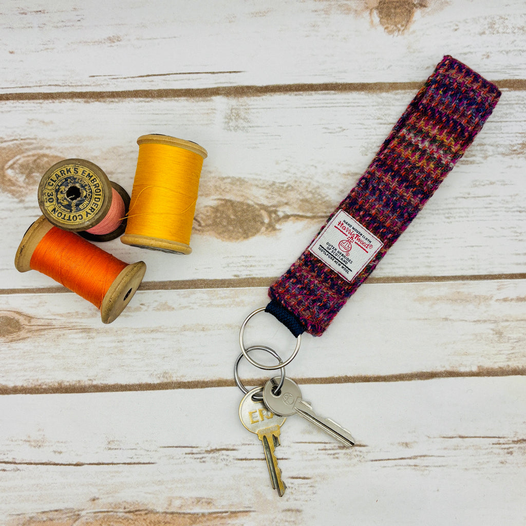 Burgundy Stripe Harris Tweed Wrist Keyring