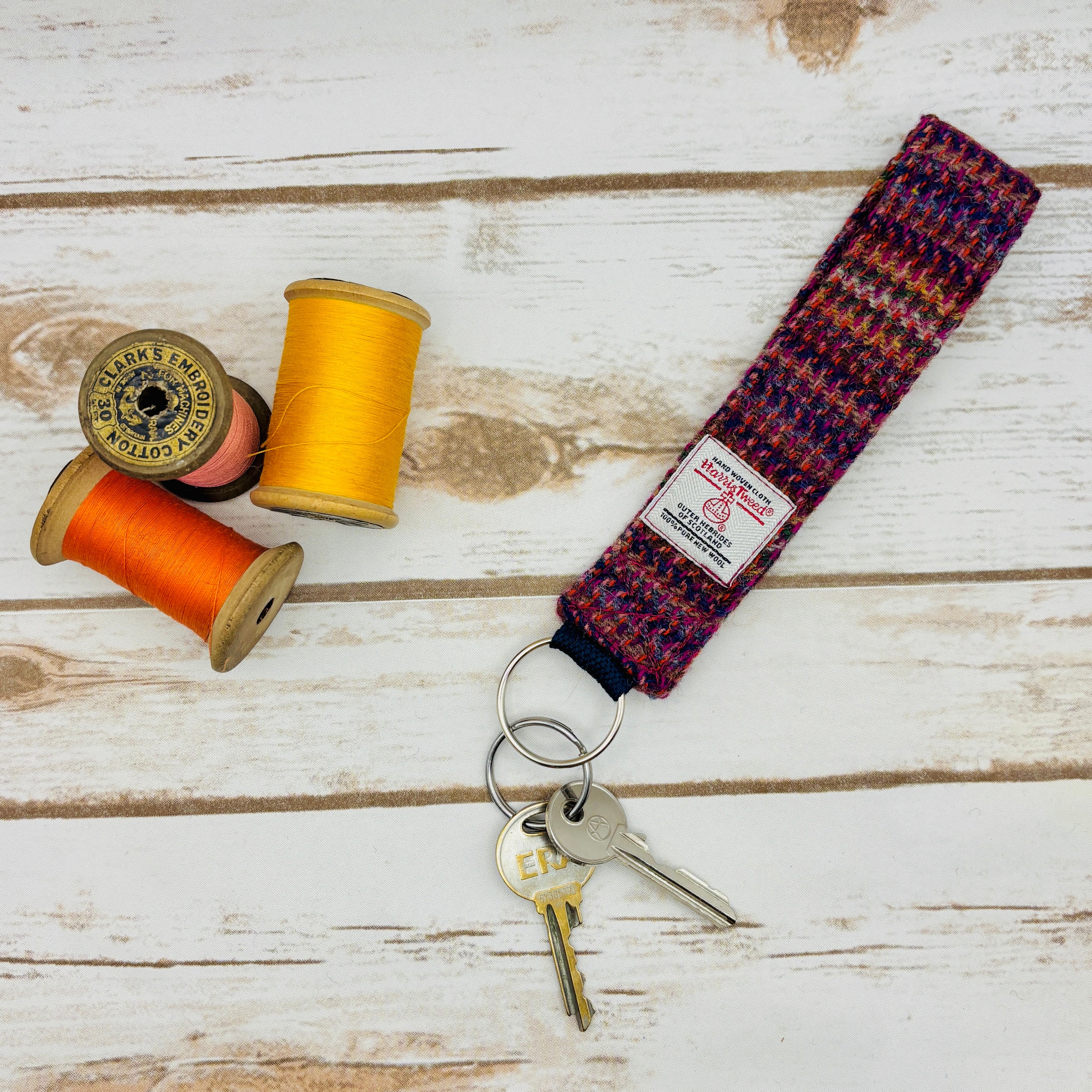 Burgundy Stripe Harris Tweed Wrist Keyring