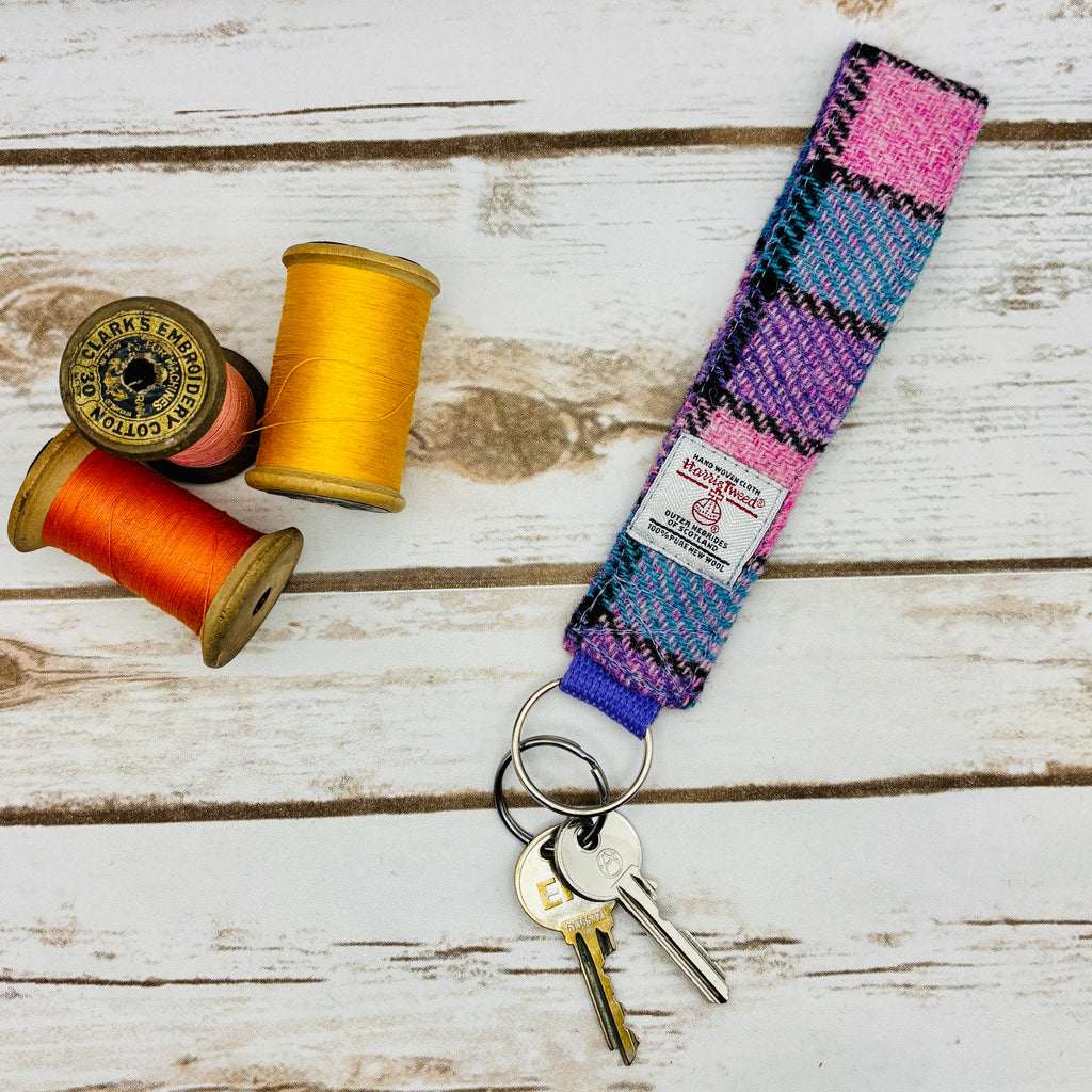 Pink, Lilac & Blue block check Harris Tweed Wrist Keyring