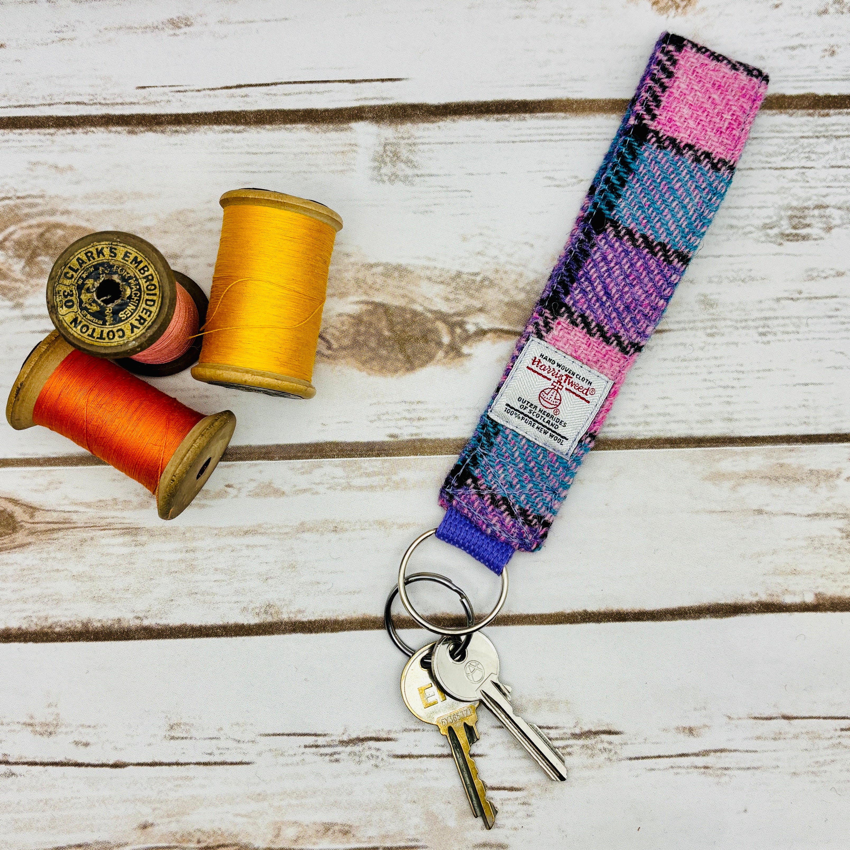 Pink, Lilac & Blue block check Harris Tweed Wrist Keyring