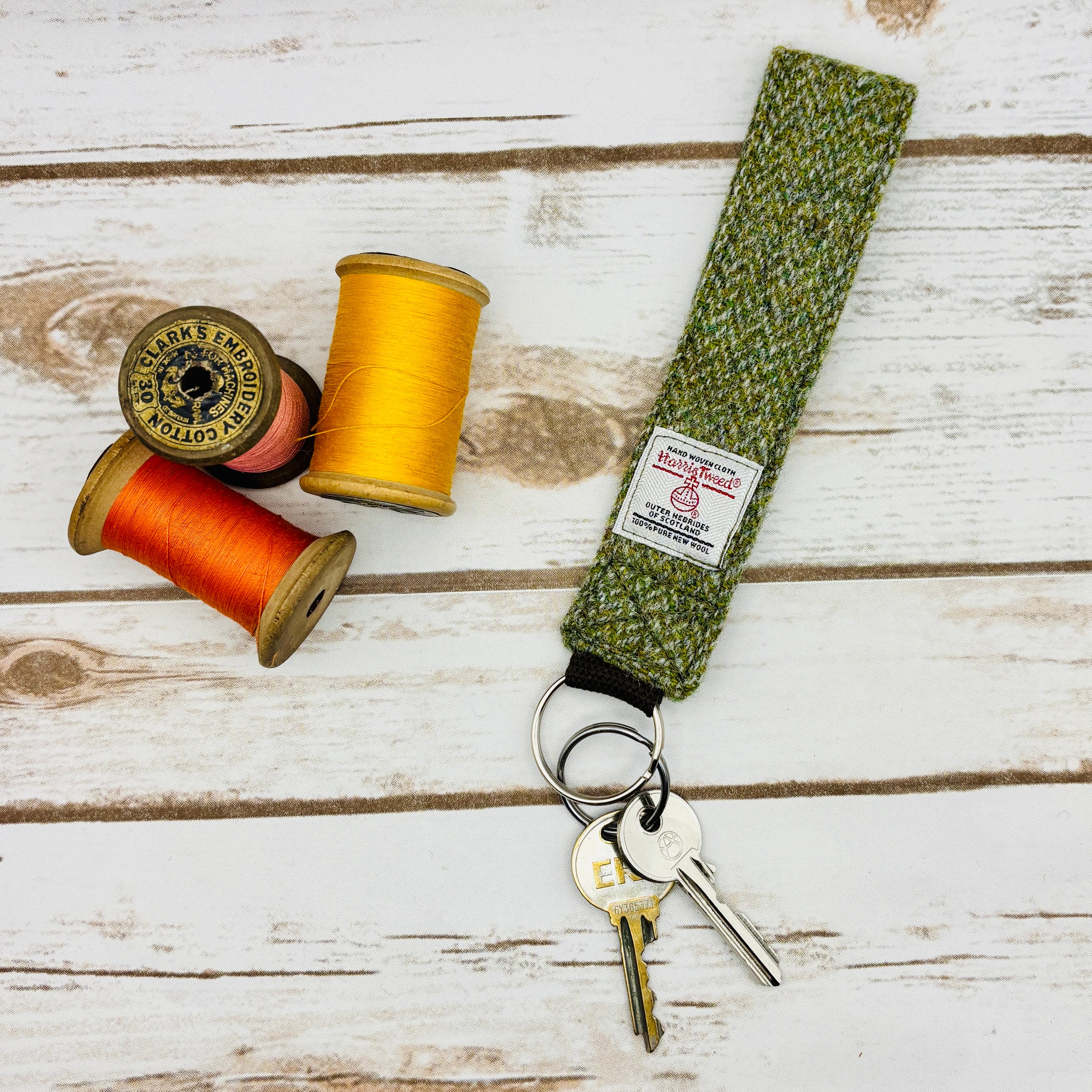 Green Herringbone Harris Tweed Wrist Keyring