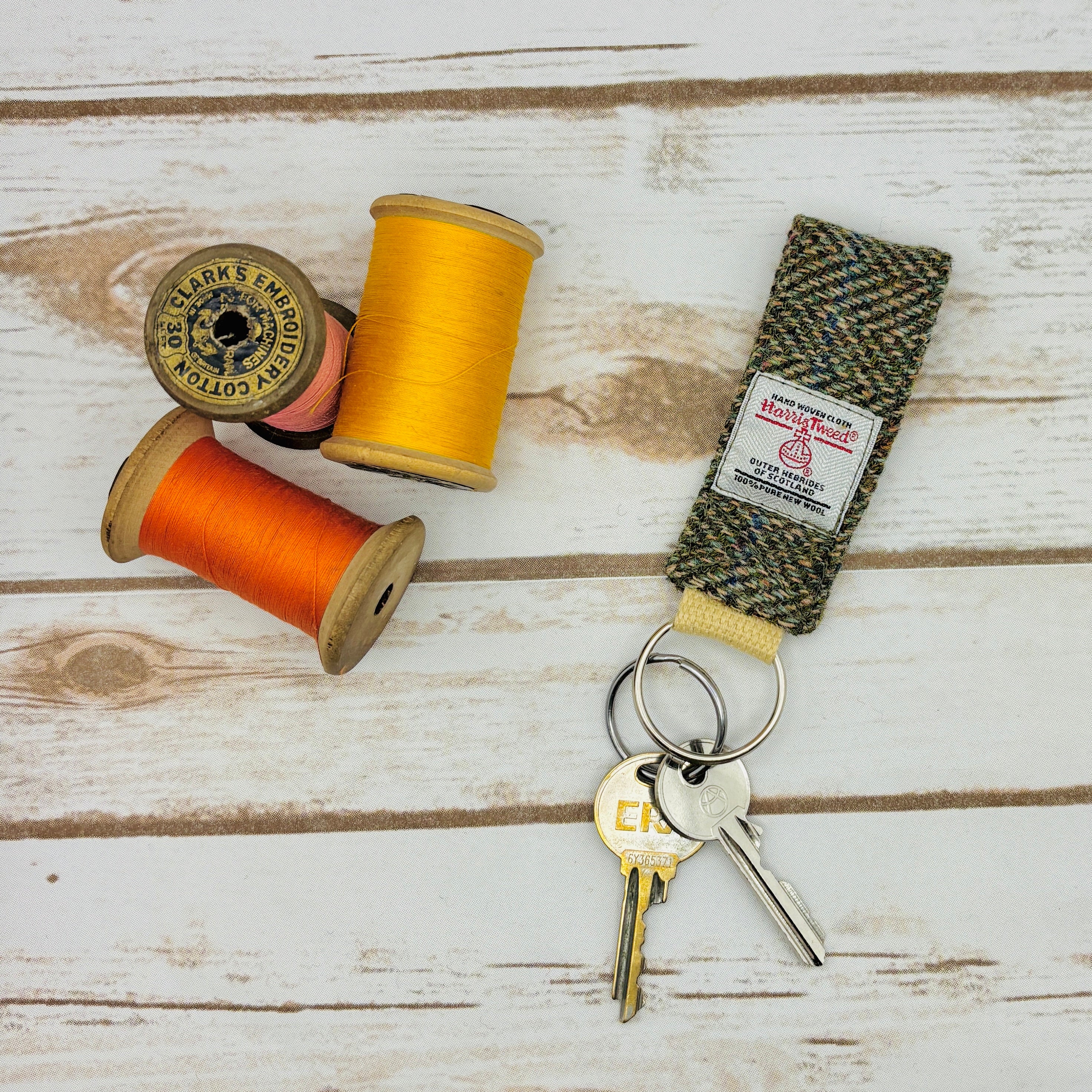 Green Herringbone Harris Tweed Keyring