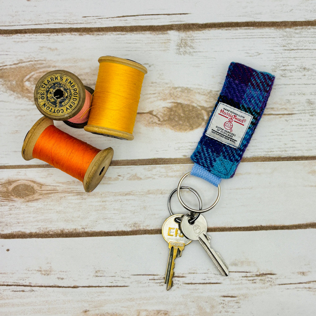Blue & Purple Tartan Harris Tweed Keyring