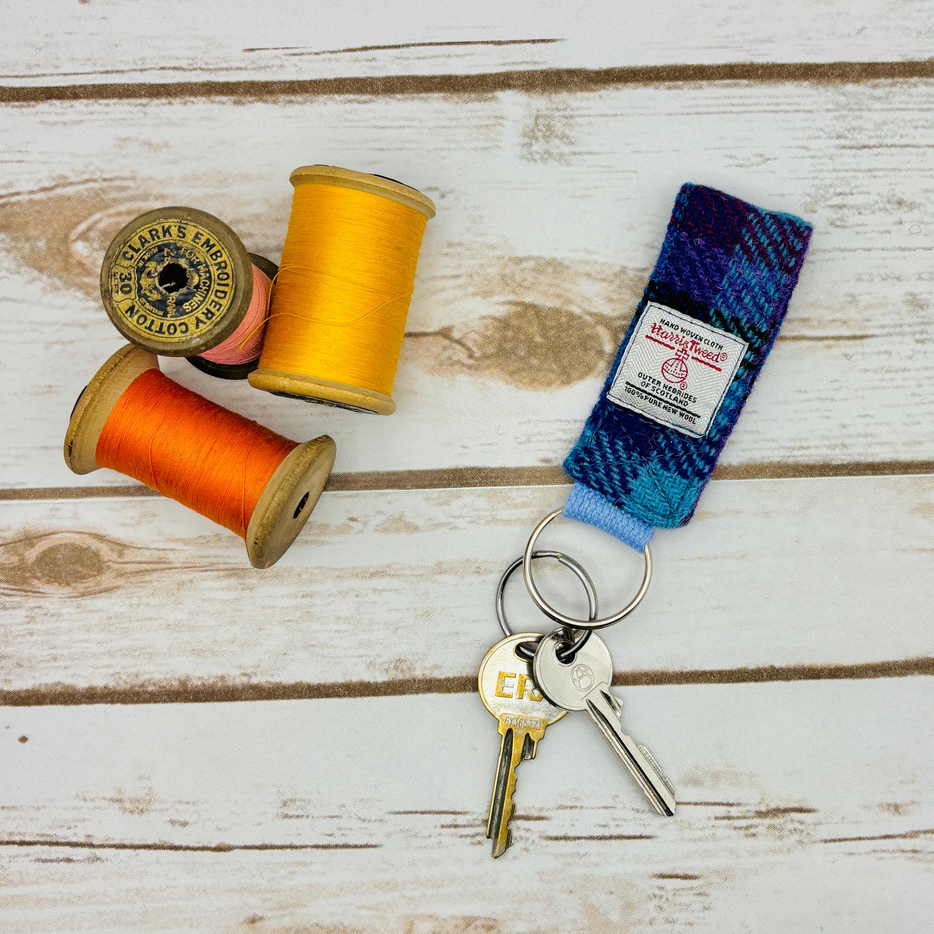 Blue & Purple Tartan Harris Tweed Keyring
