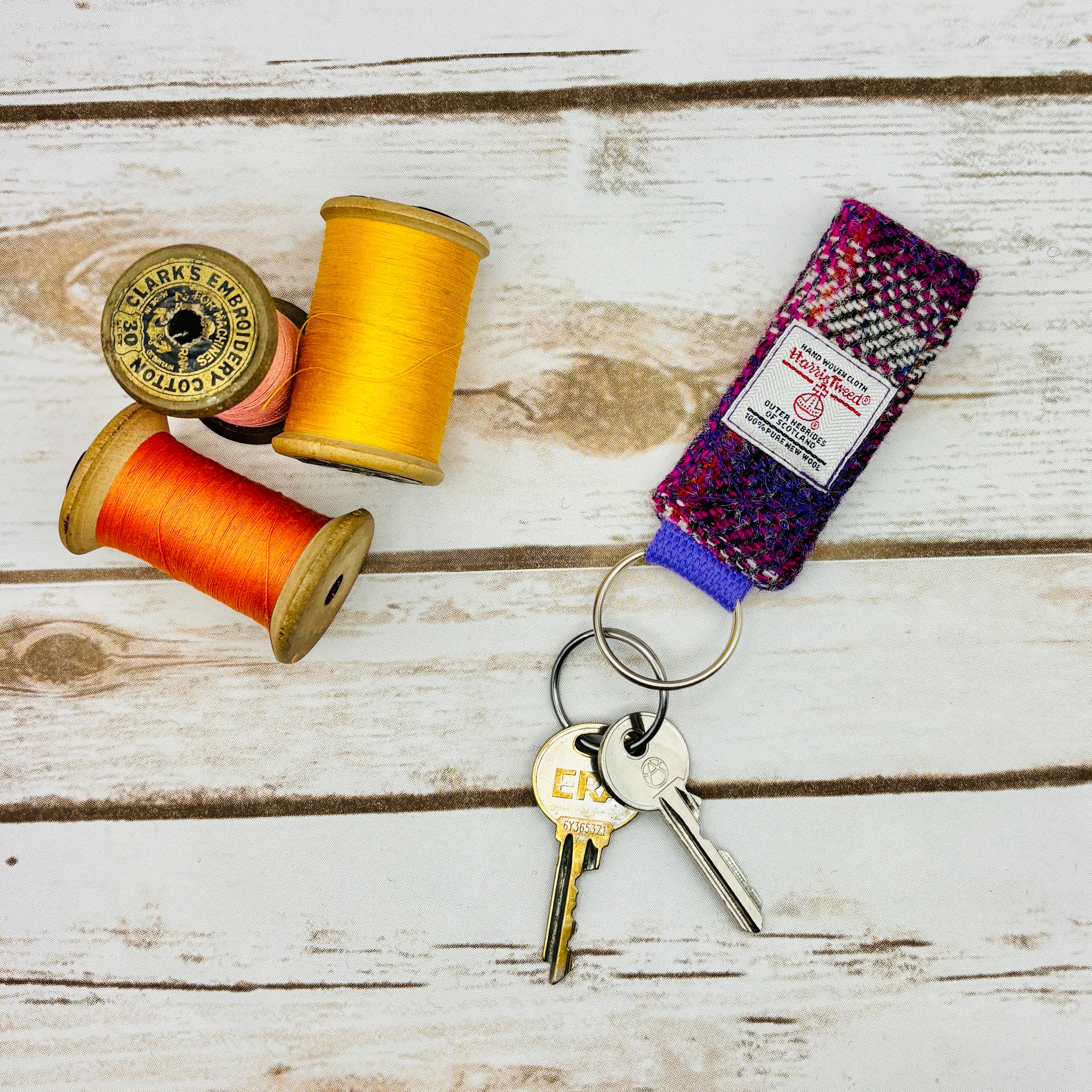 Pink & Purple Tartan Harris Tweed Keyring