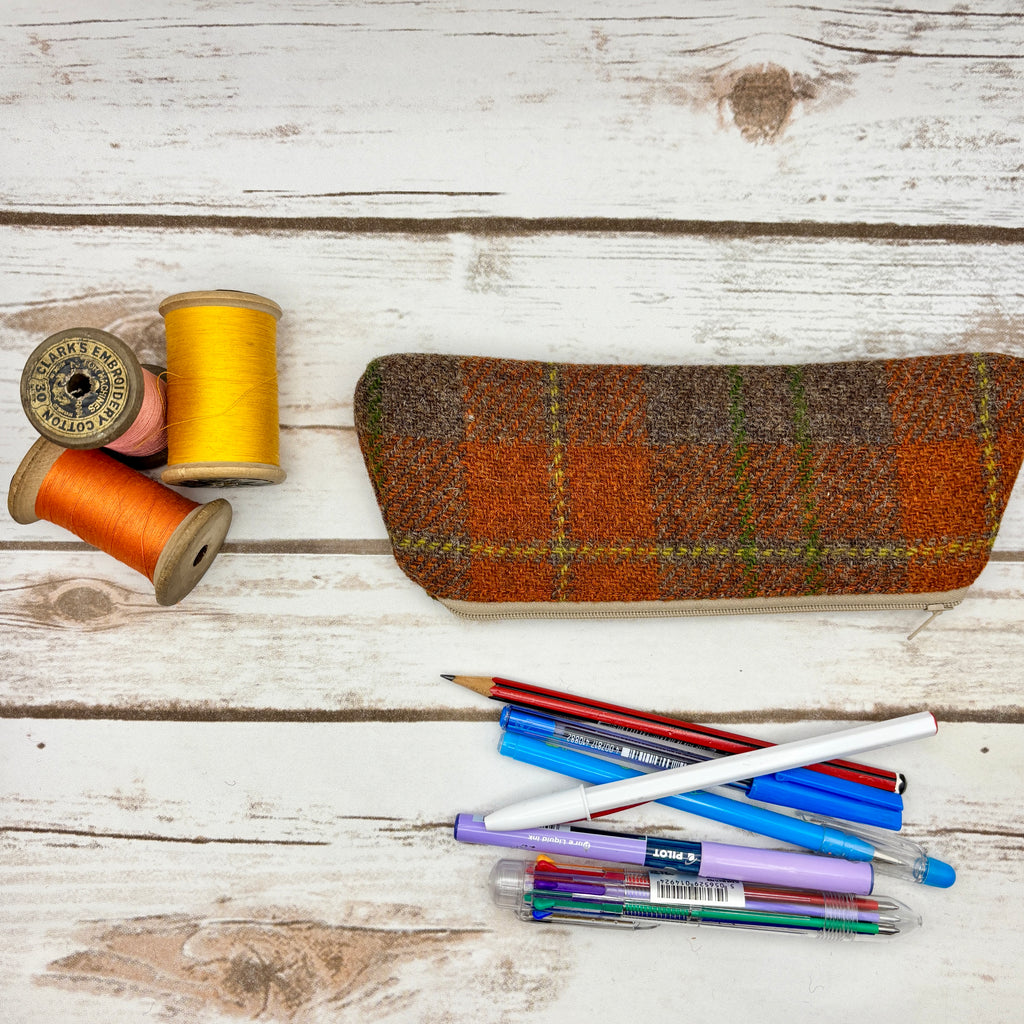 Orange Tartan Harris Tweed Pen / Glasses Case