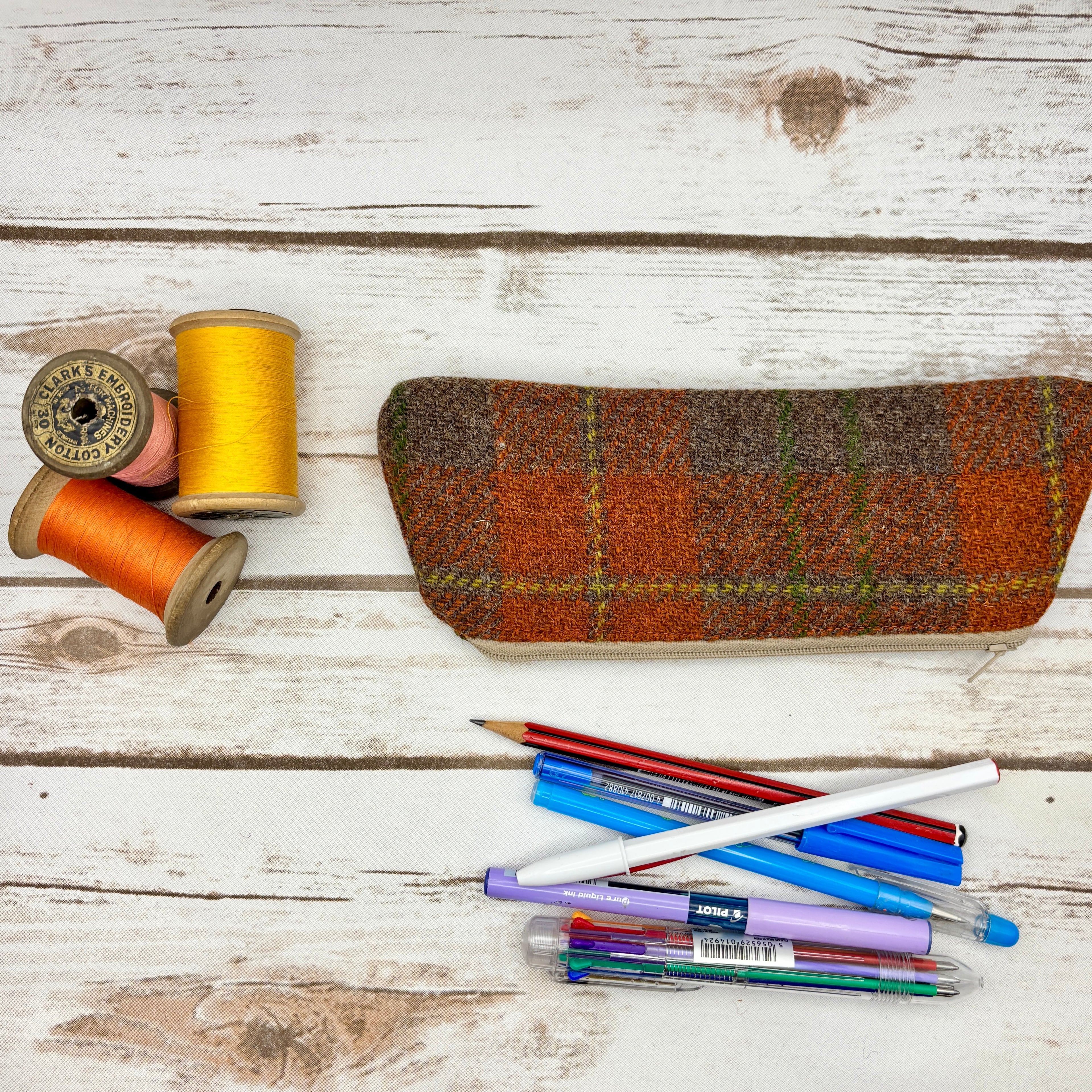 Orange Tartan Harris Tweed Pen / Glasses Case
