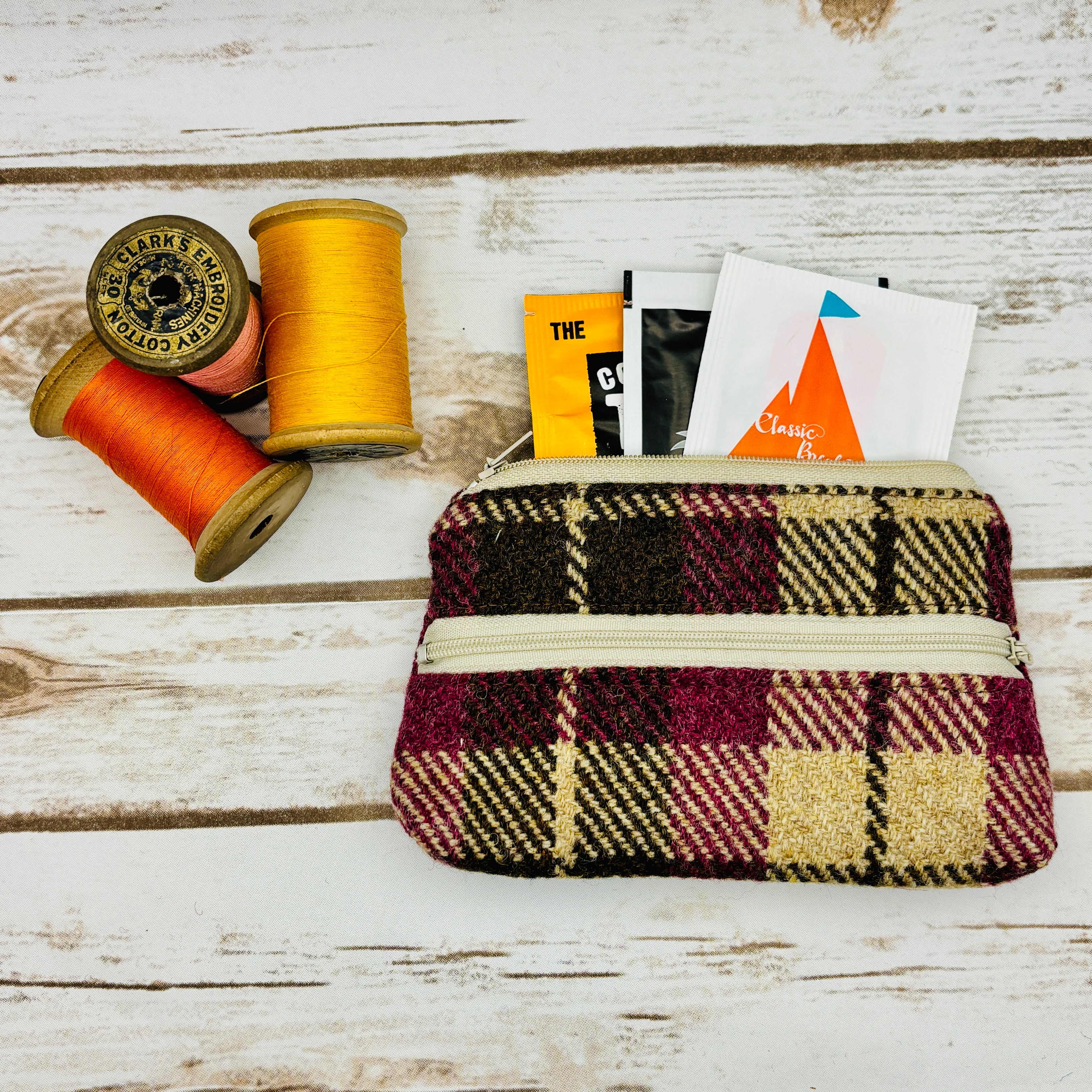 Pink, Brown & Beige Tartan Harris Tweed Large Purse