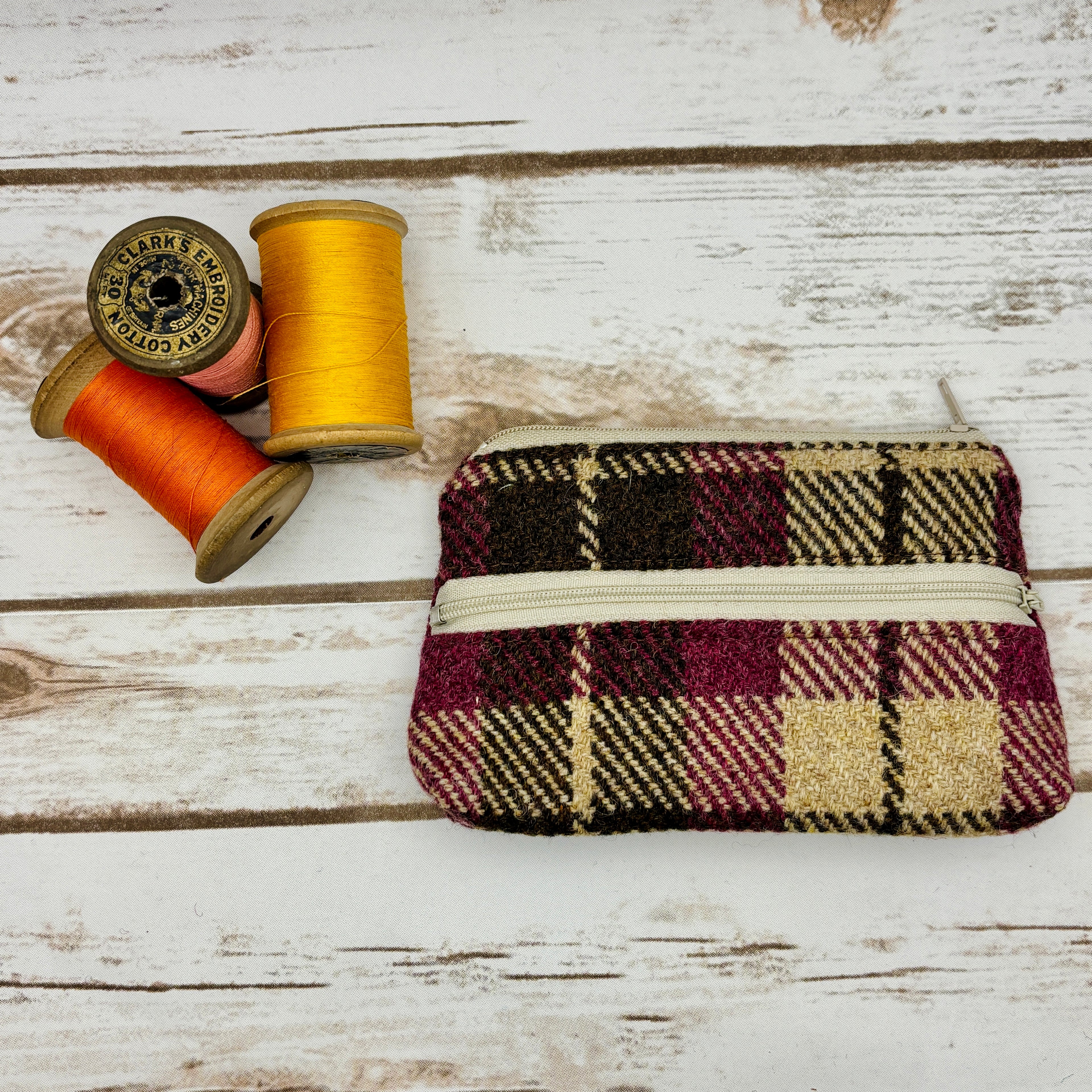 Pink, Brown & Beige Tartan Harris Tweed Large Purse