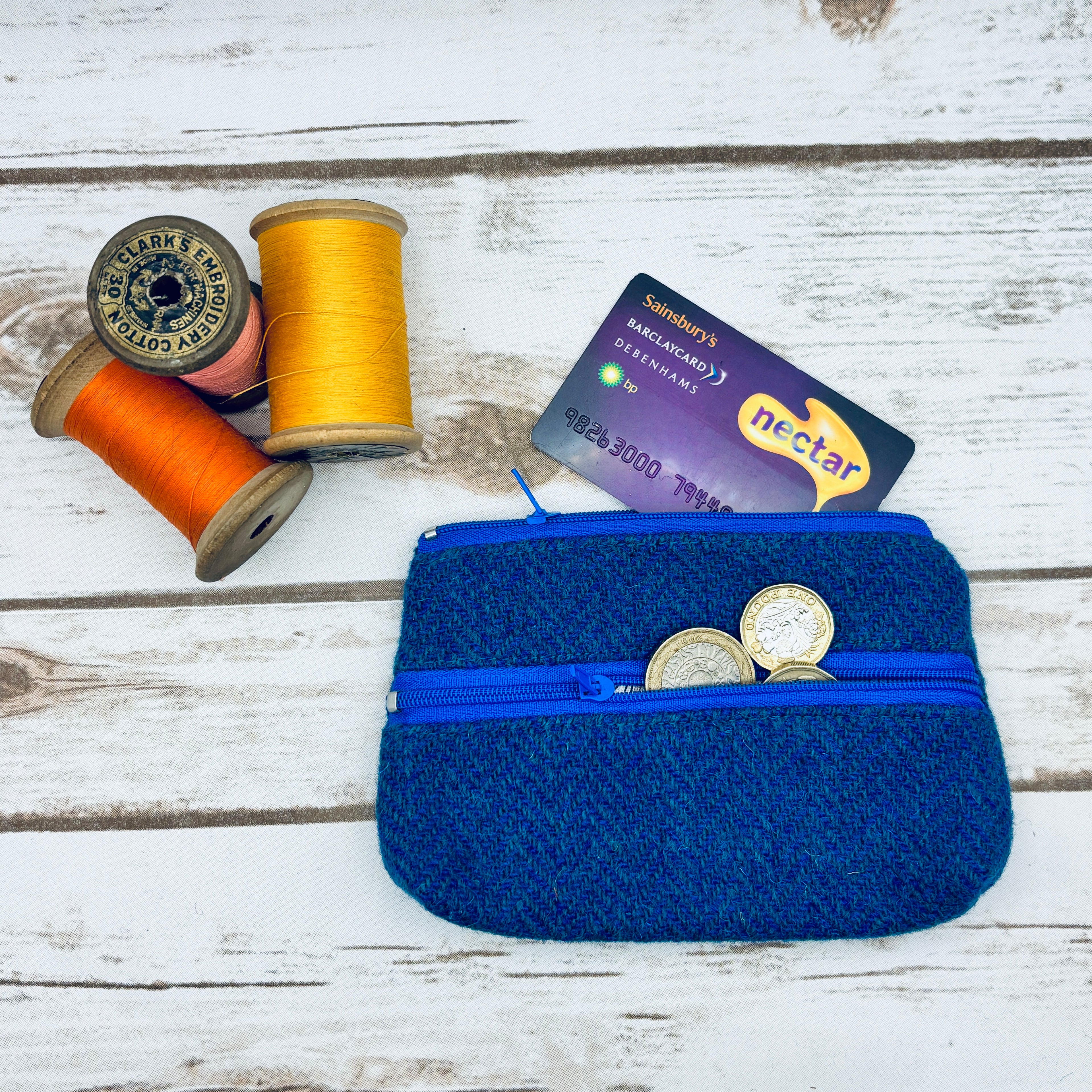Blue Herringbone Harris Tweed Large Purse
