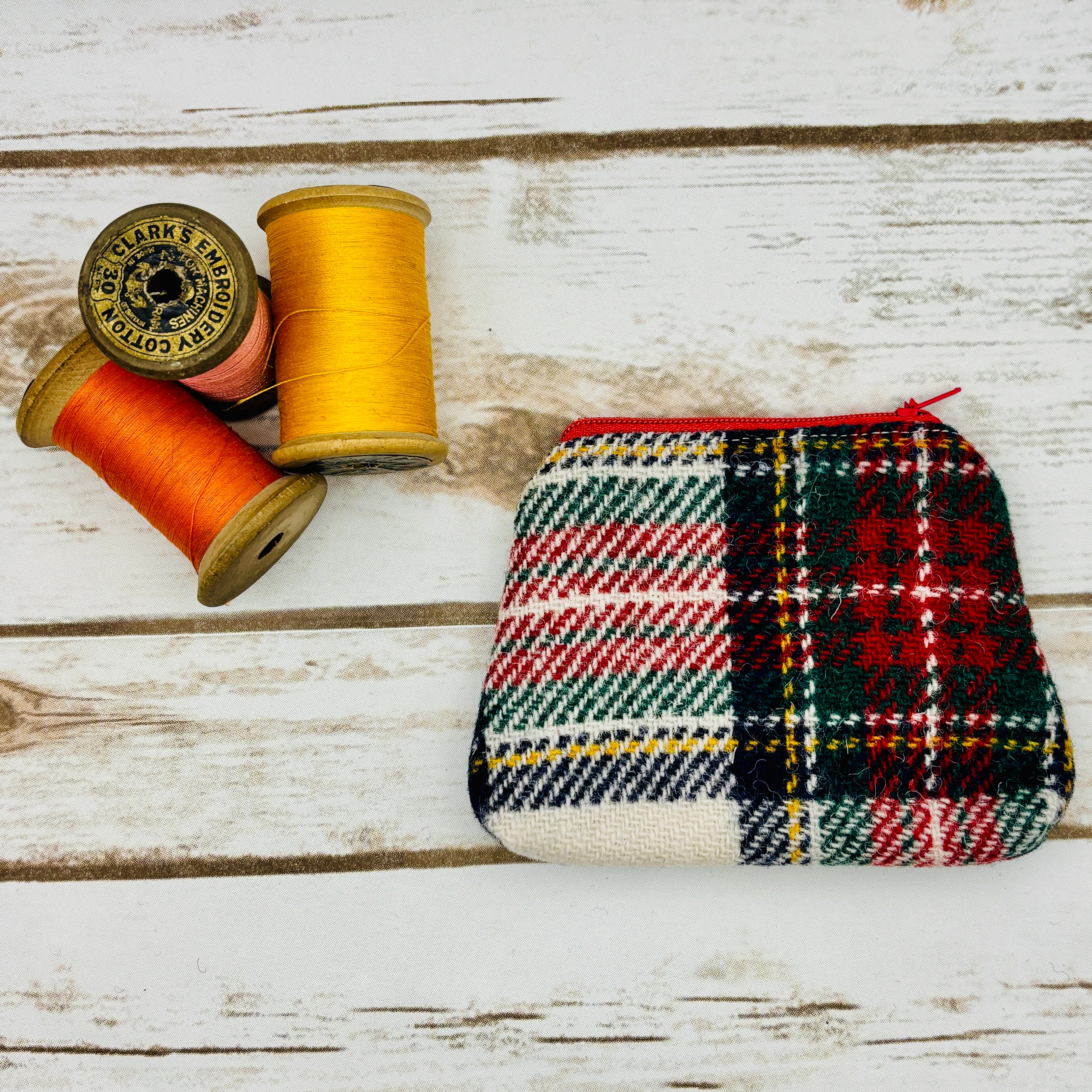 Red & White Tartan Harris Tweed Purse
