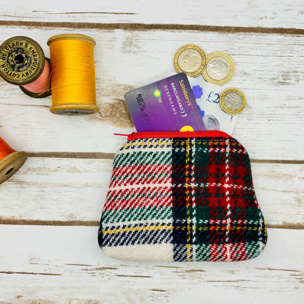 Red & White Tartan Harris Tweed Purse