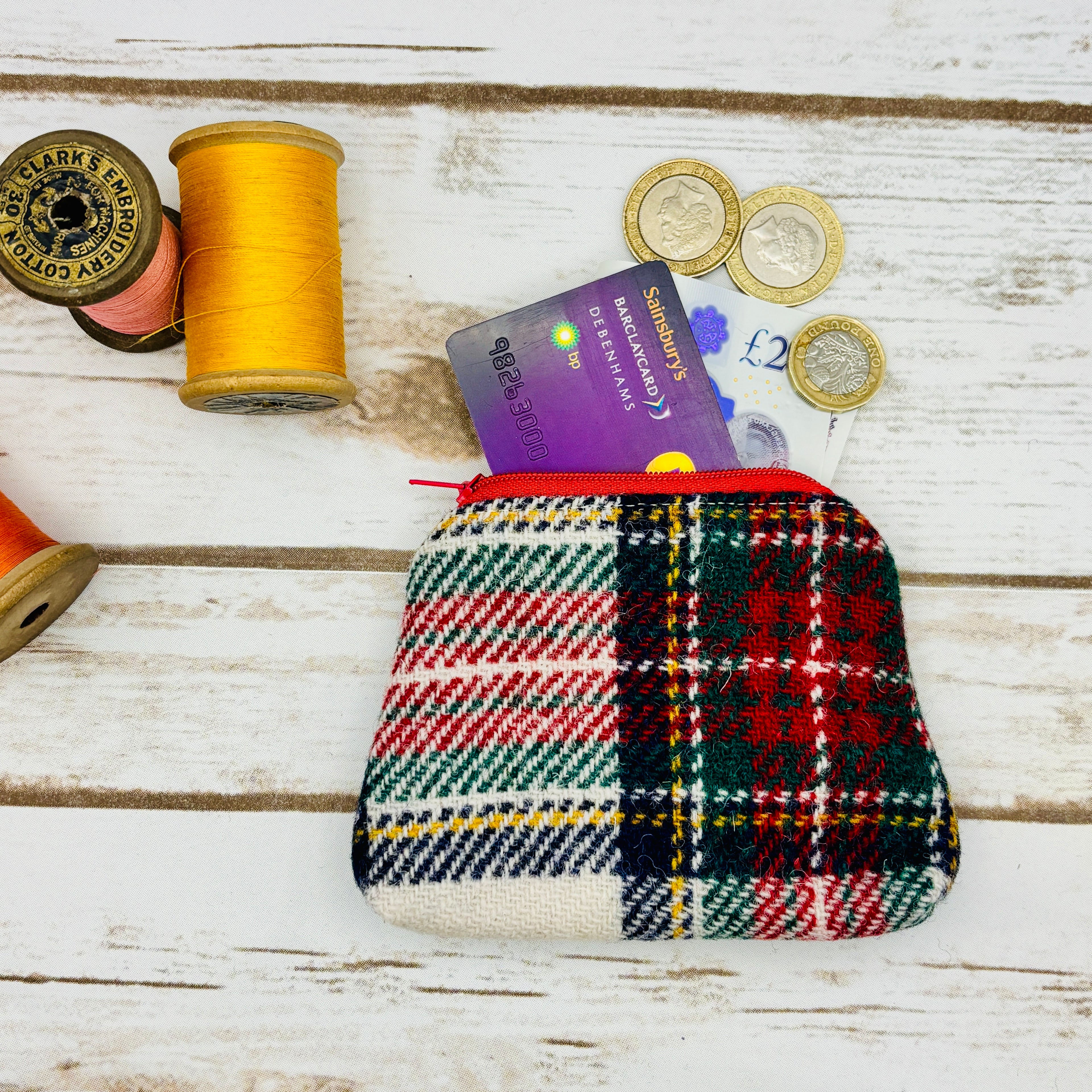 Red & White Tartan Harris Tweed Purse