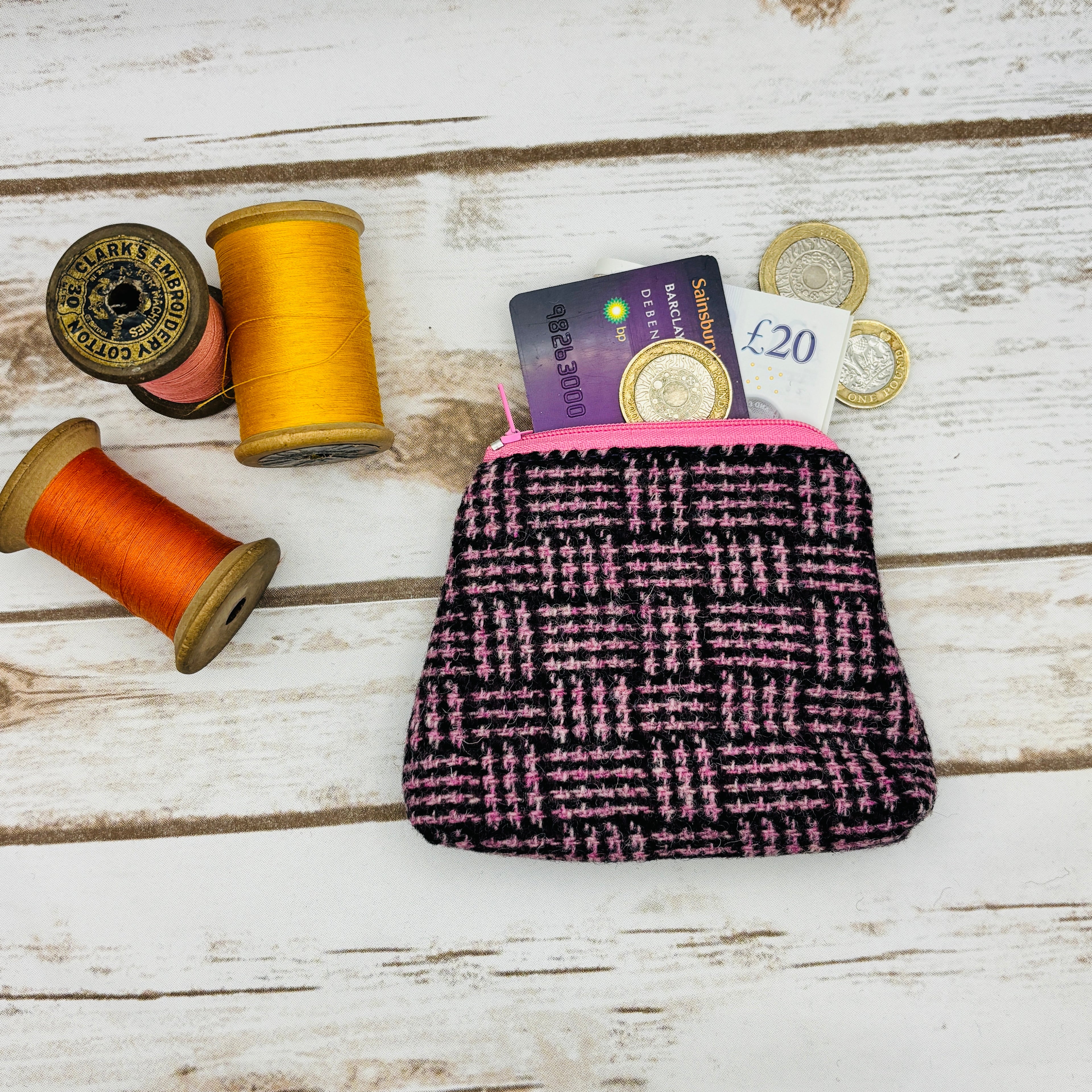 Purple & Pink Basket weave Tartan Harris Tweed Purse