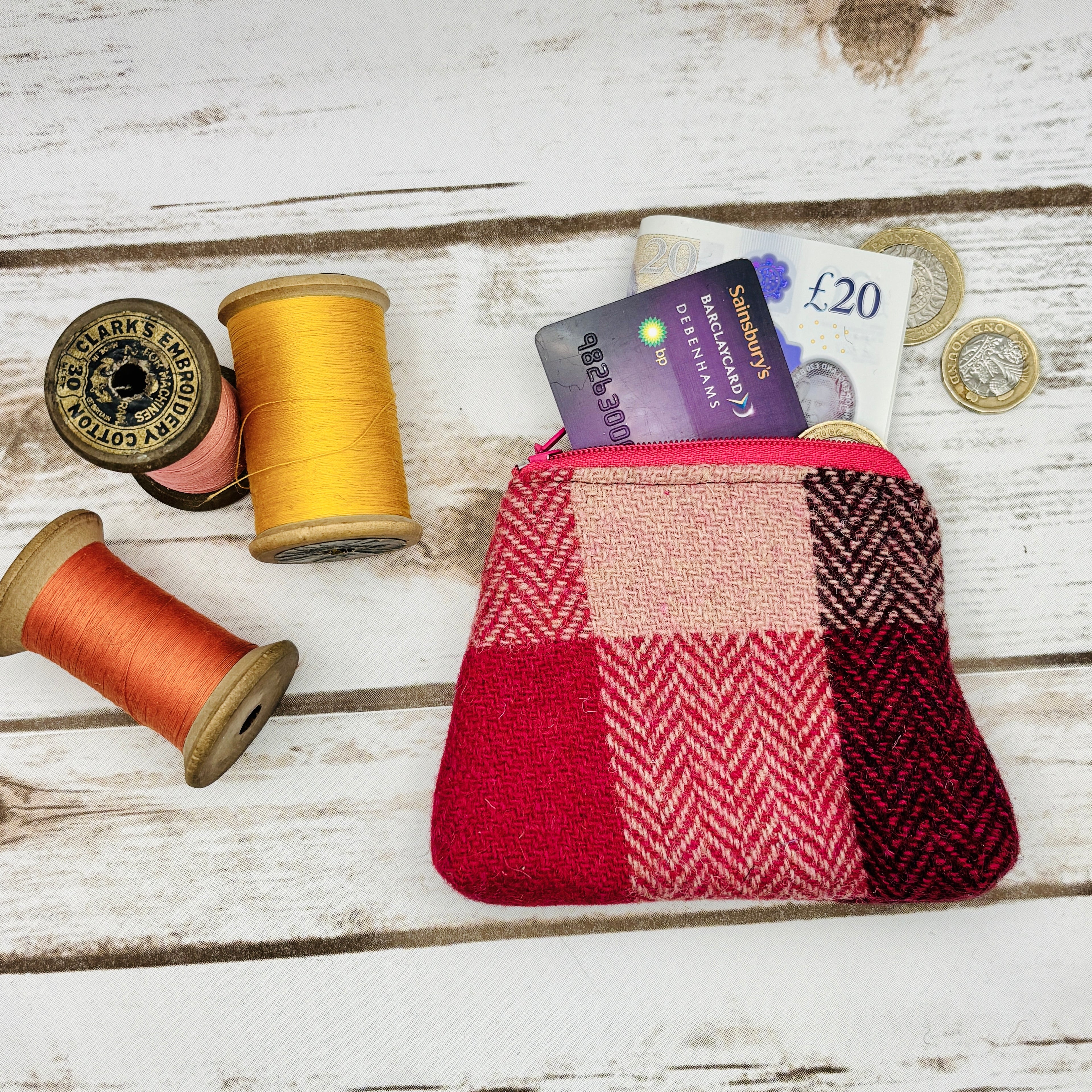 Pink Herringbone Block Tartan Harris Tweed Purse