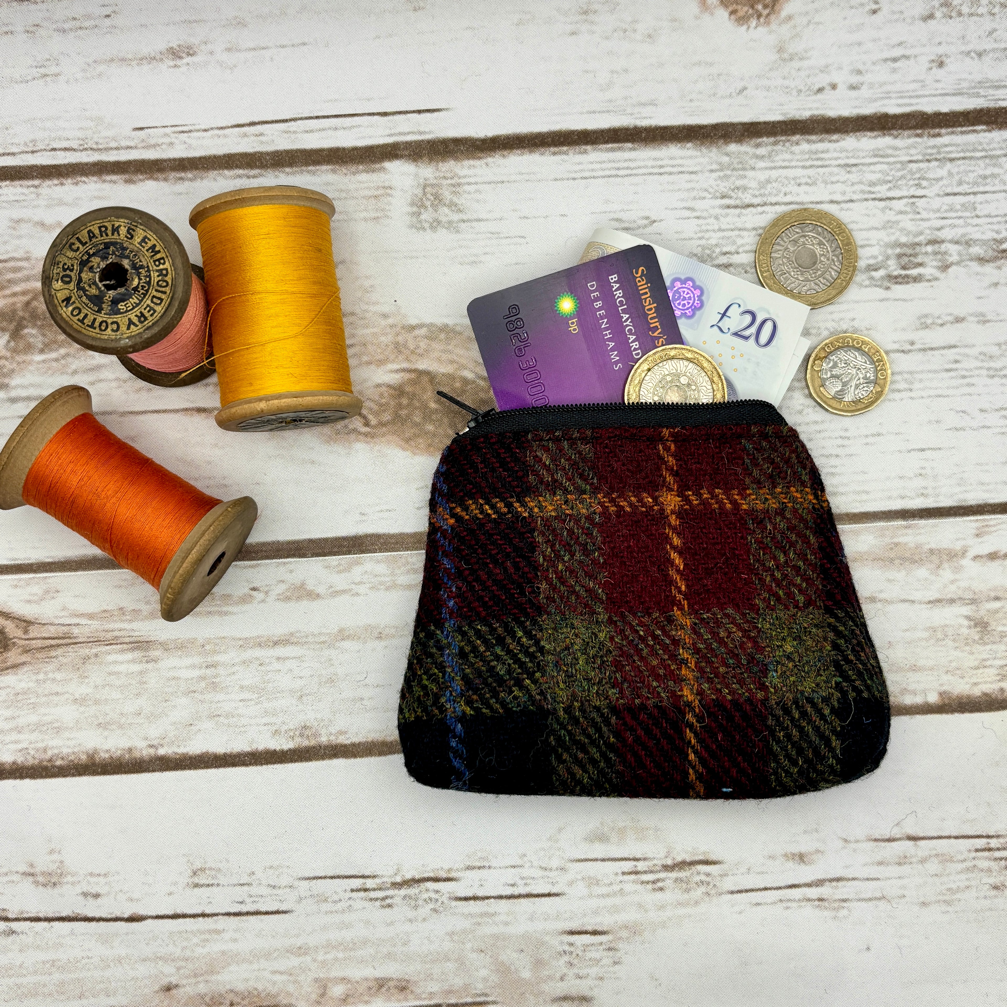 Black & Maroon Tartan Harris Tweed Purse