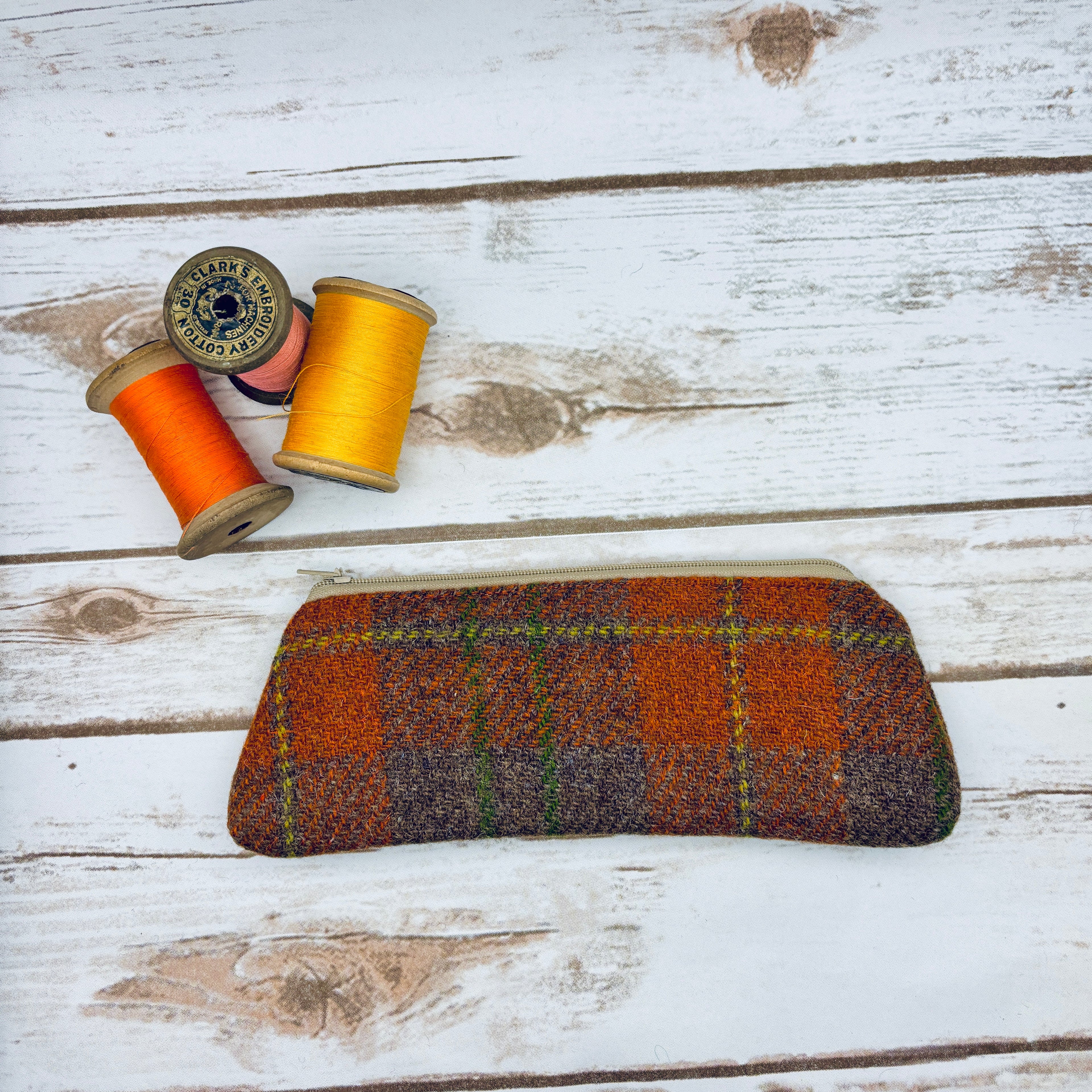 Orange Tartan Harris Tweed Pen / Glasses Case